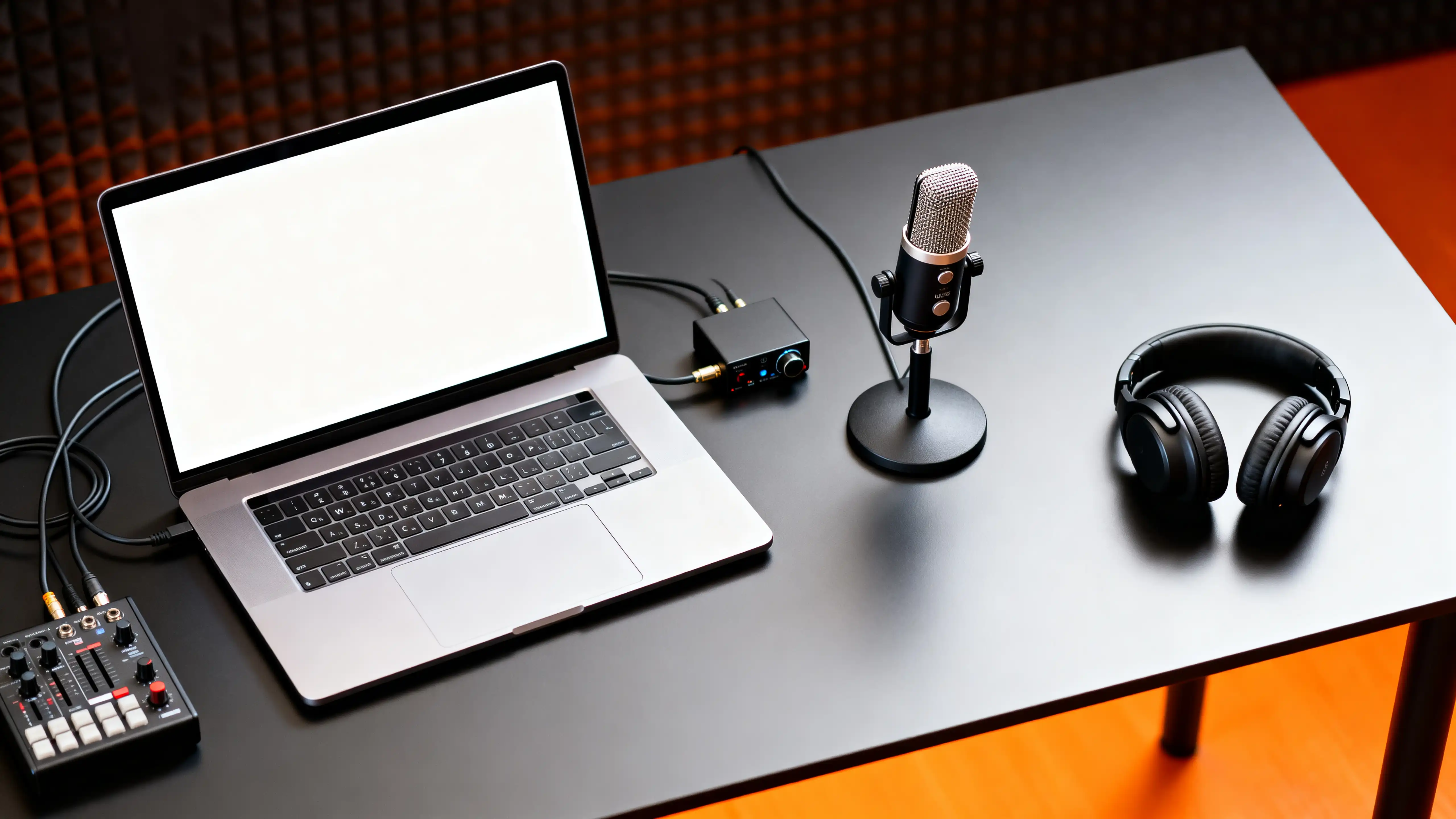 A practical starter setup for internet radio with laptop, microphone, audio interface and headphones