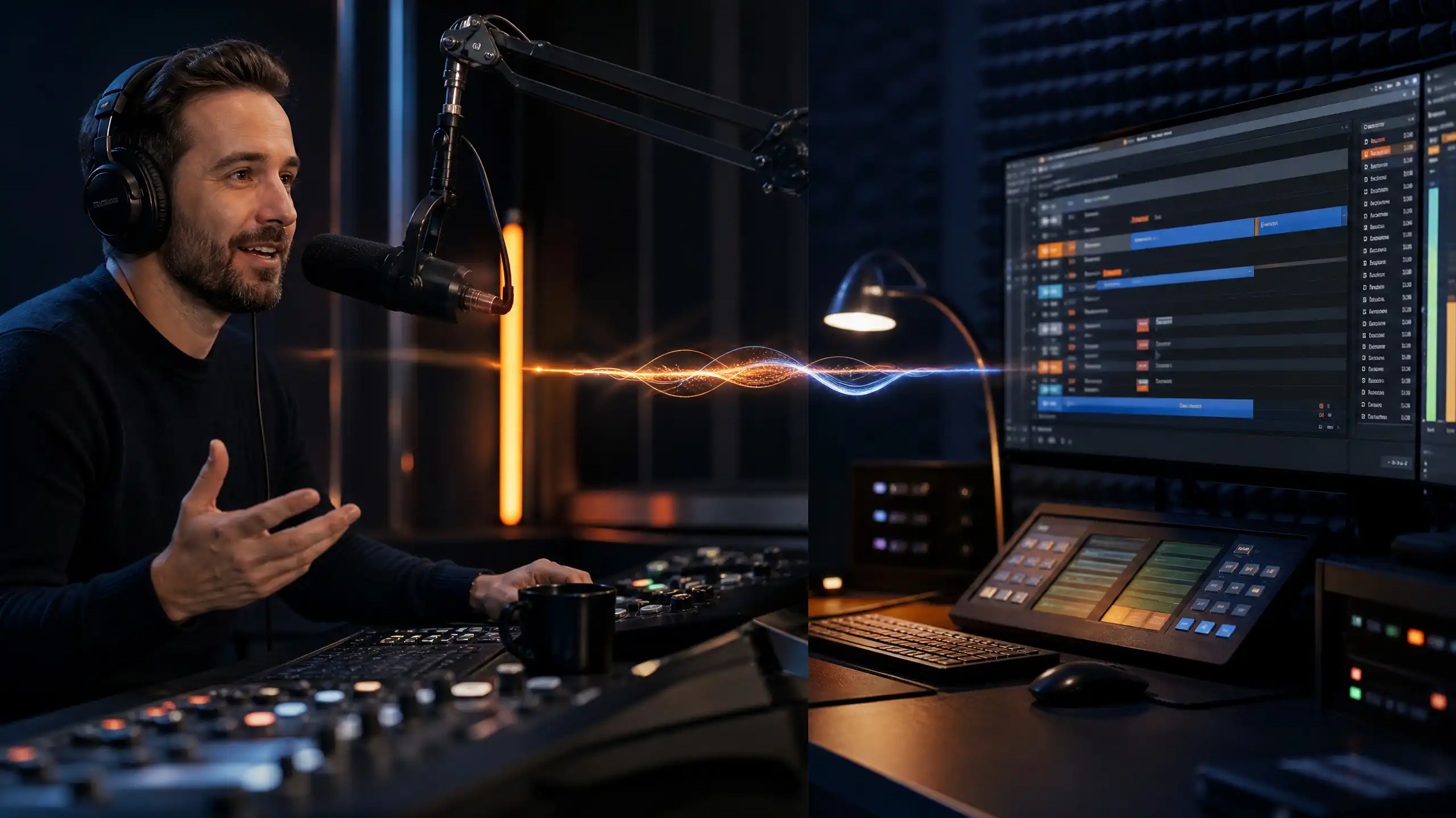 Live radio presenter alongside automated radio scheduling software